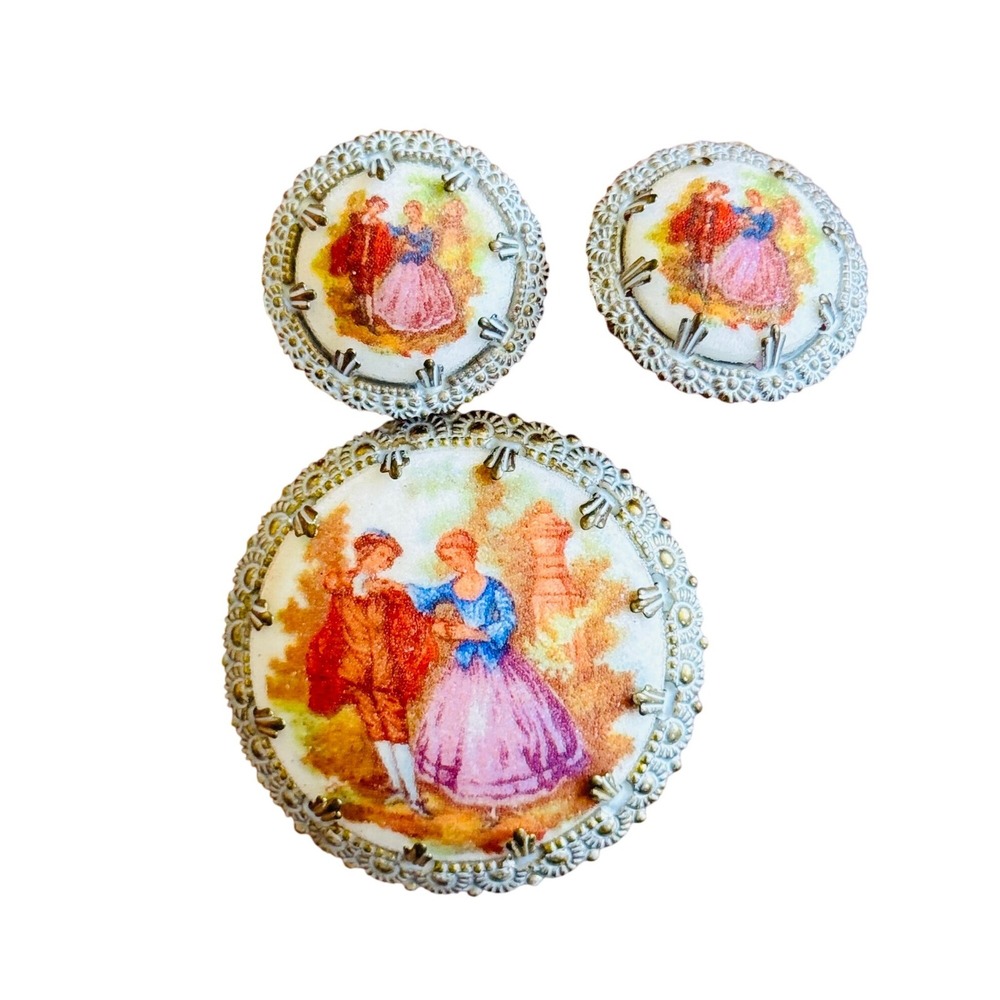 VTG Western Germany Victorian Scene Sugar Earrings Brooch Matching Set signed